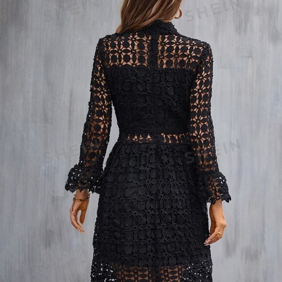 Black Boho Womens' Long Sleeve Guipure Lace Dress - Picture 2 of 5